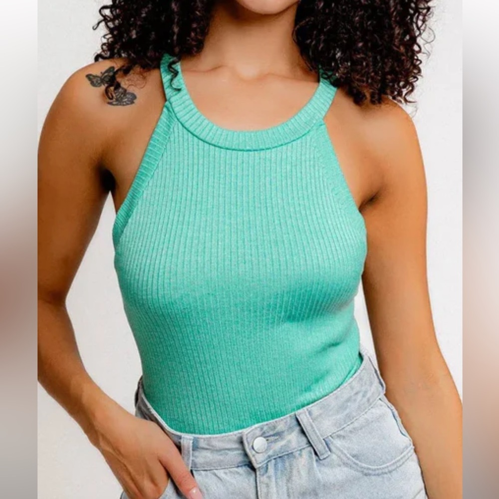 Le Lis Ribbed Halter Bodysuit - Mint Green